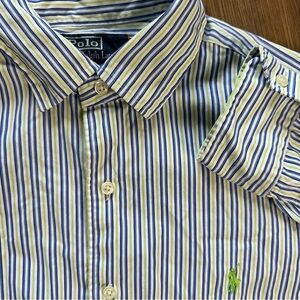 Polo Ralph Lauren Button Shirt Large Blue Striped Green Pony Long Sleeve Classic